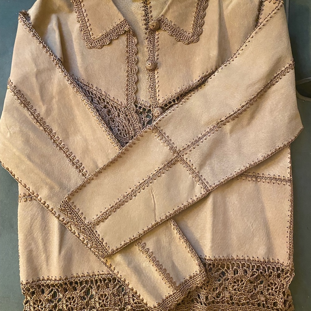 Tan Real suede and crochet jacket. Gorgeous Boho or Western style.